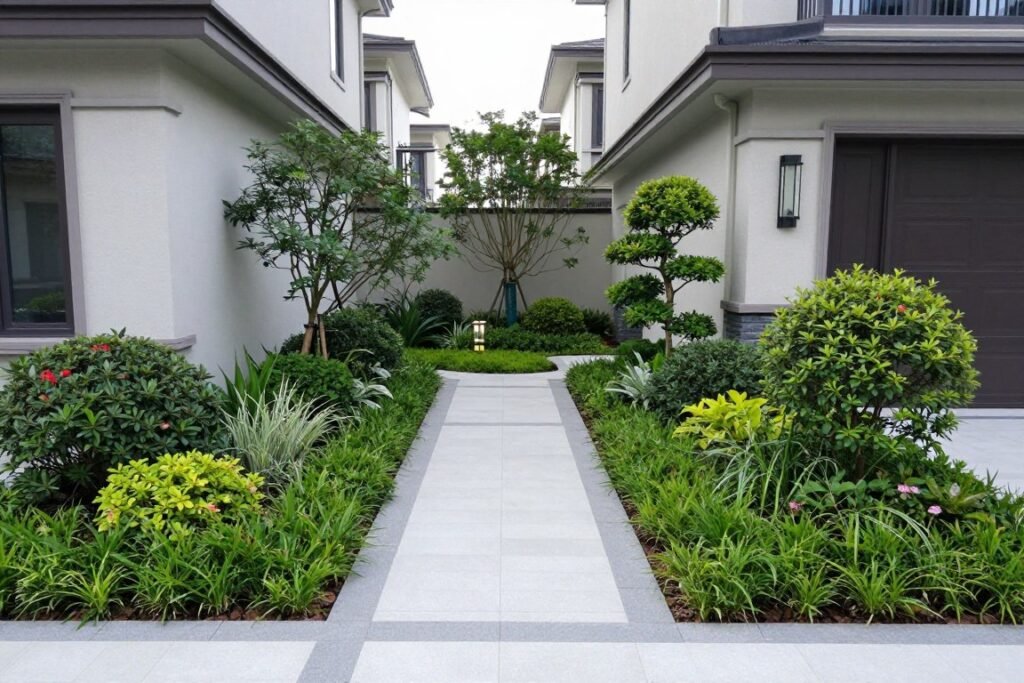 Front yard landscaping design layout showing balance and scale with home architecture