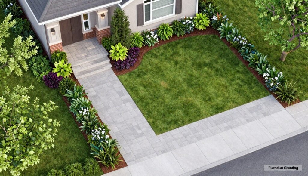 Front yard landscaping design layout showing different functional zones