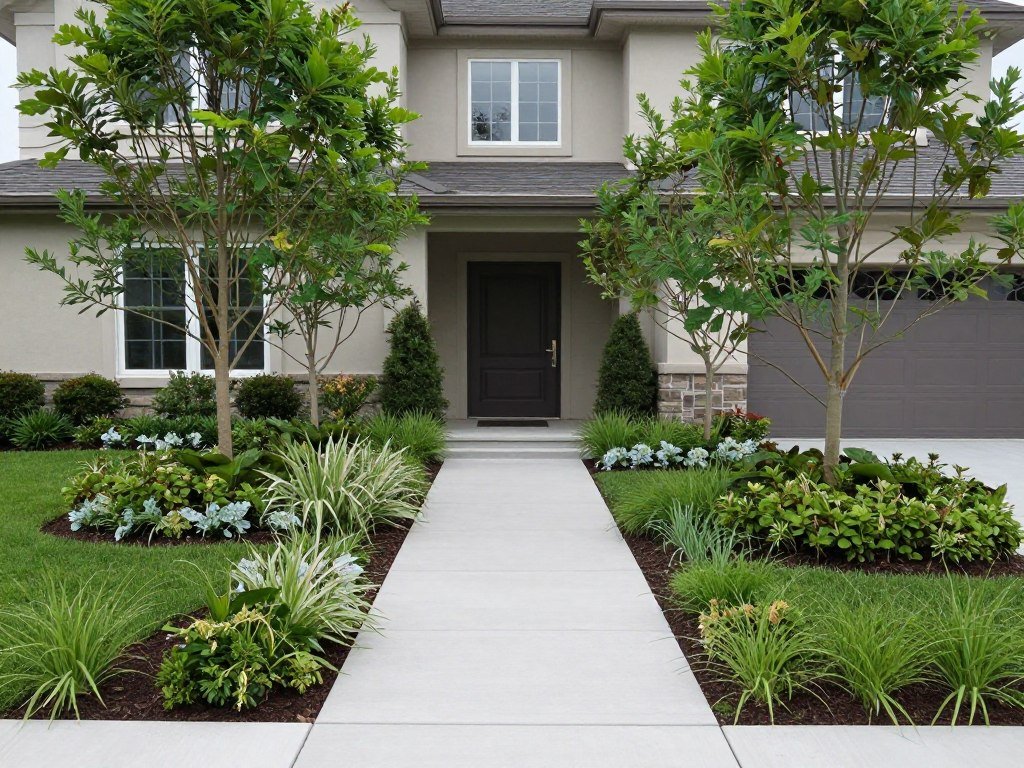 Front yard landscaping design showing balanced elements with proper proportion to the house