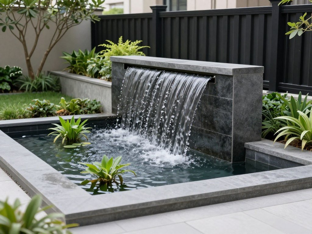 Front yard landscaping design with a small elegant water feature