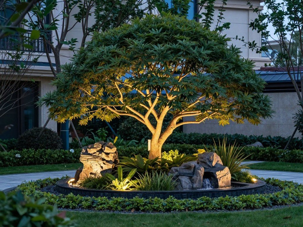 Front yard landscaping design with a striking focal point drawing visual attention