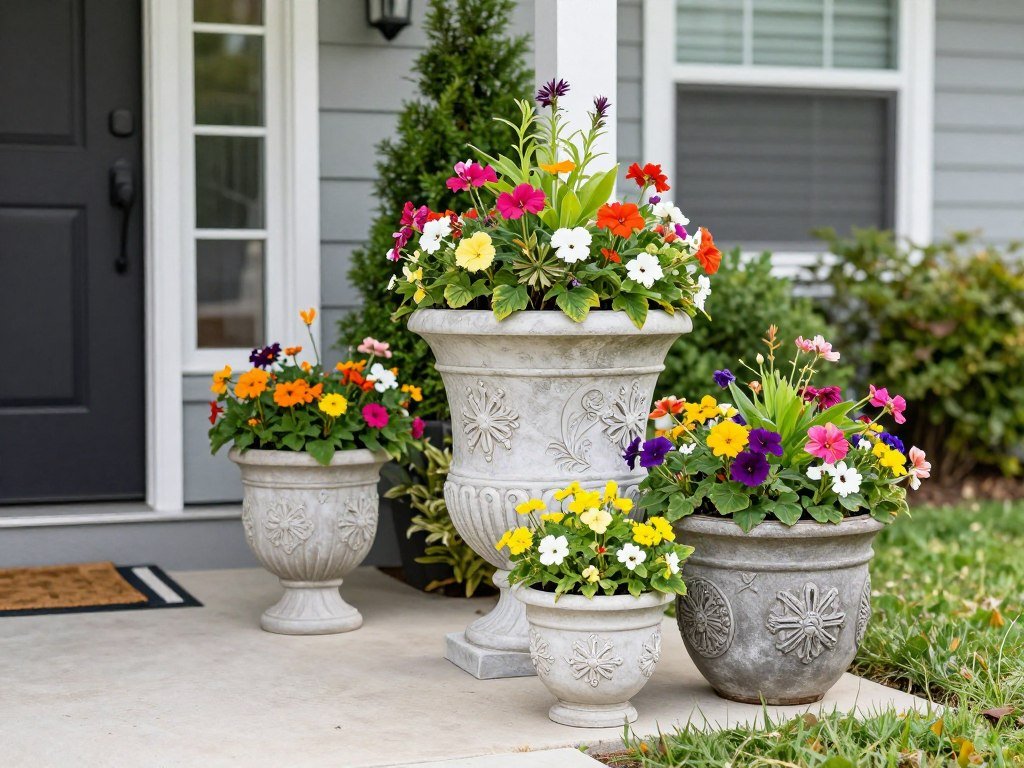 Front yard landscaping design with decorative containers and planters adding color and interest