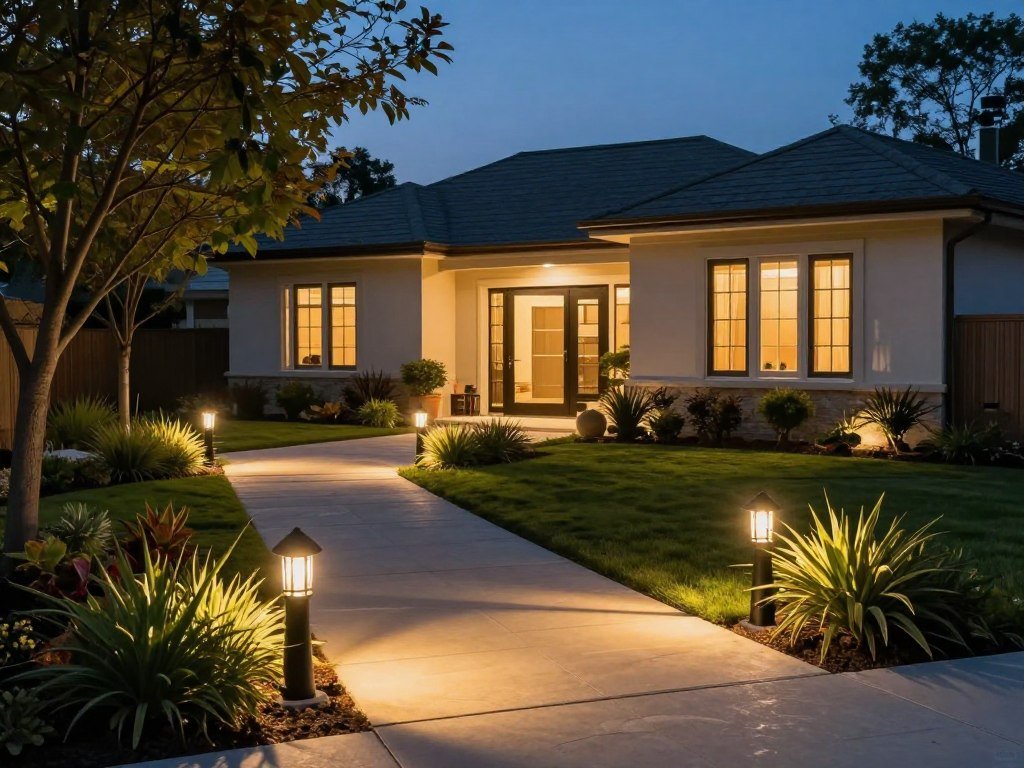 Front yard landscaping design with evening lighting highlighting architectural features and pathways