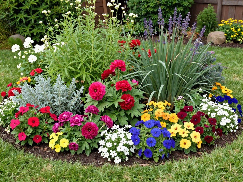 Front yard landscaping design with vibrant perennial and annual flower beds