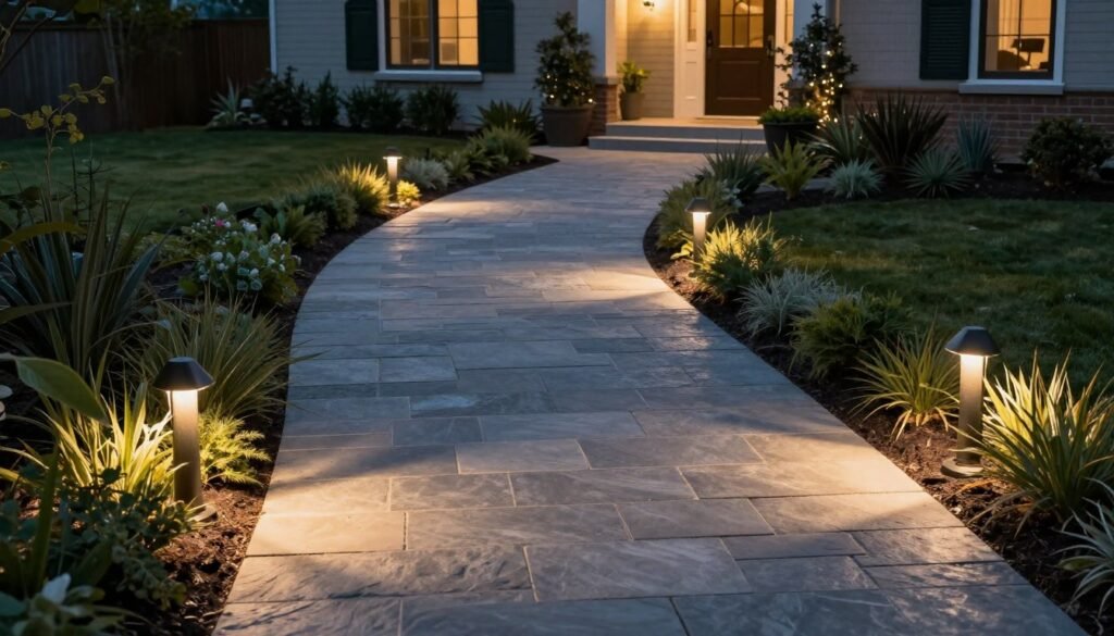Front yard pathway with landscape lighting illuminating the walkway at dusk