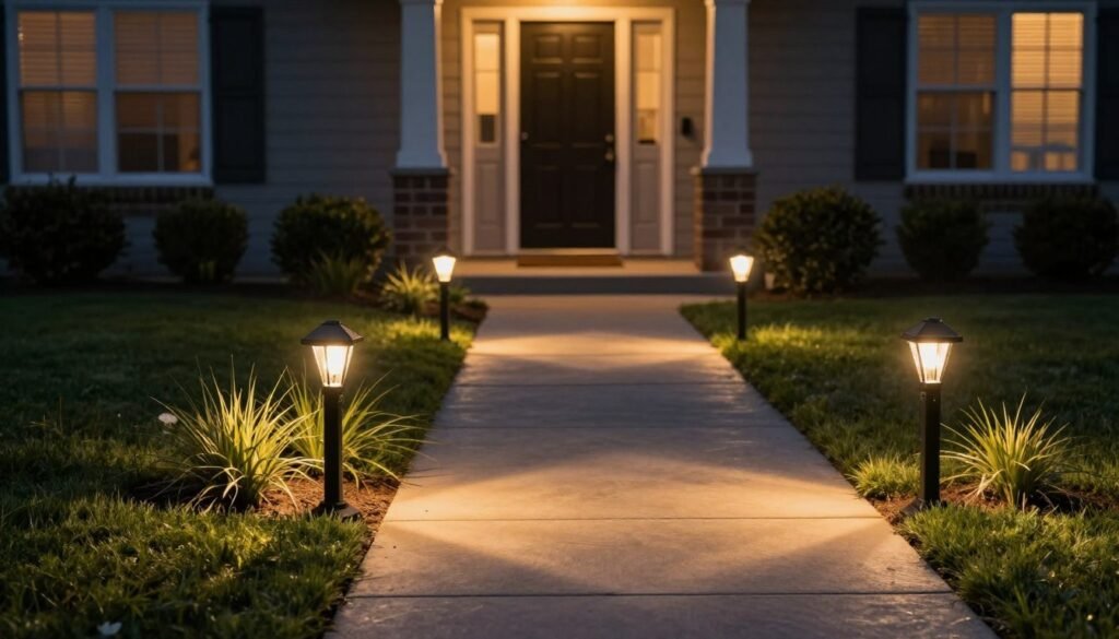 Front yard pathway with simple solar lights illuminating the walkway at dusk