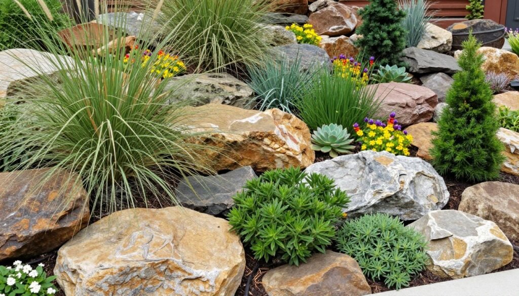 Front yard rock garden showcasing ideal plant pairings including ornamental grasses, succulents, and drought-resistant perennials
