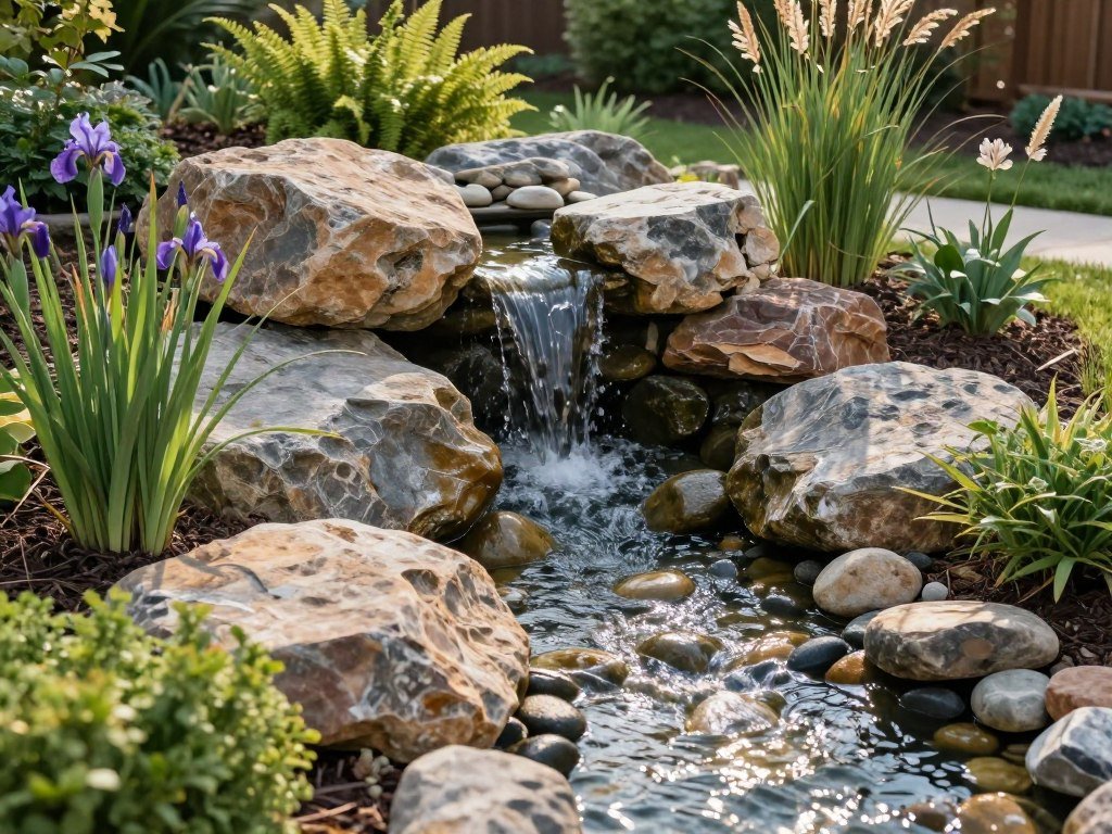 Front yard rock garden with a small waterfall and stream surrounded by boulders and water-loving plants
