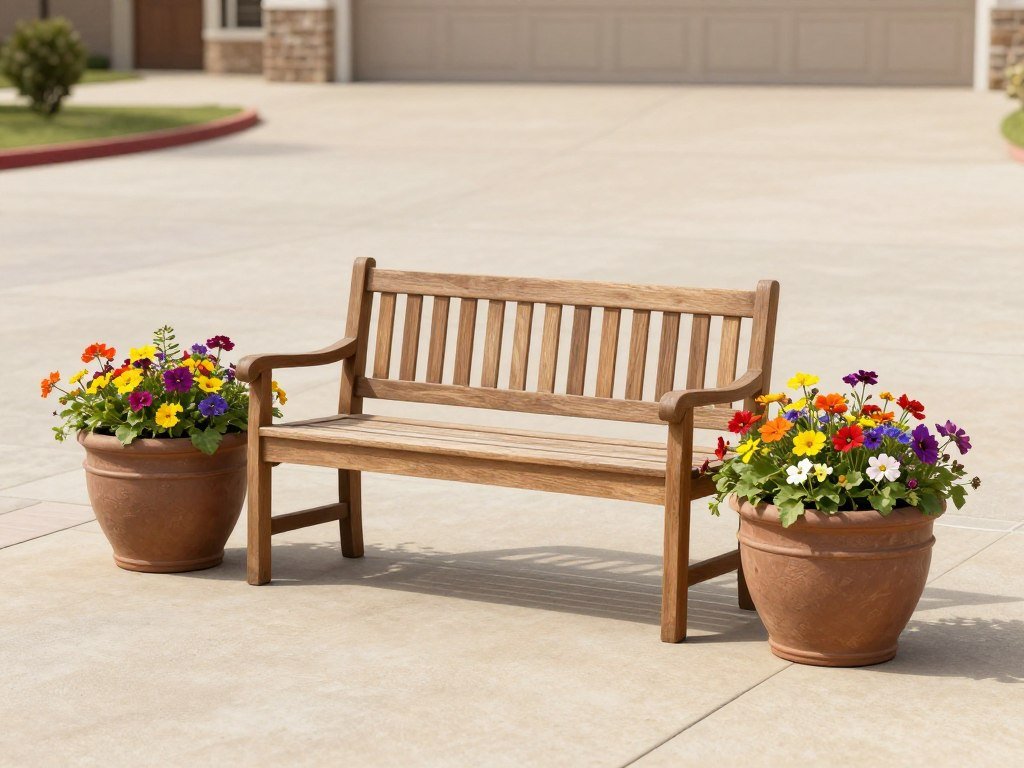 Front yard with a decorative bench and large planter serving as focal points