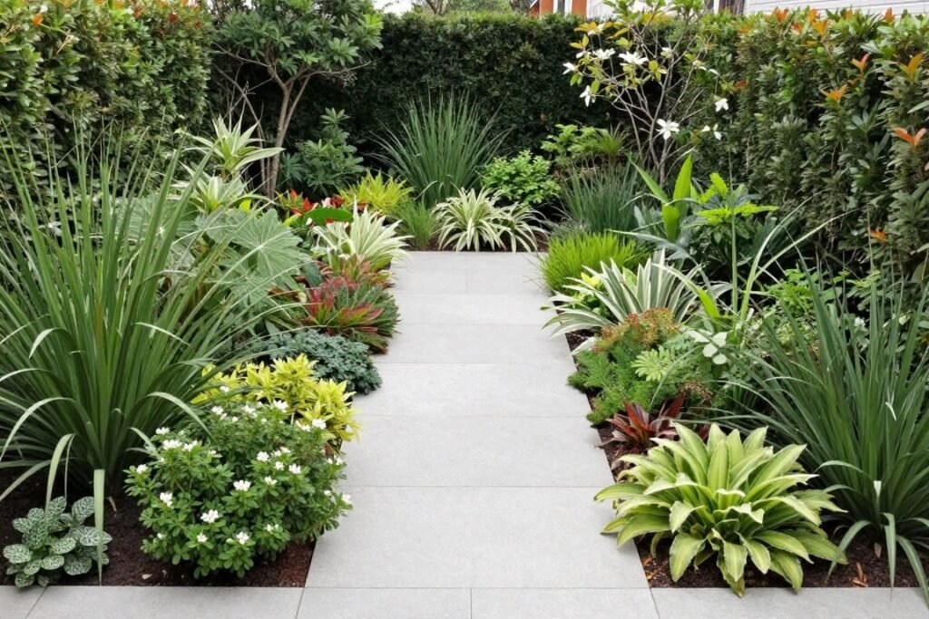 Front yard with balanced asymmetrical design that looks natural and requires less maintenance