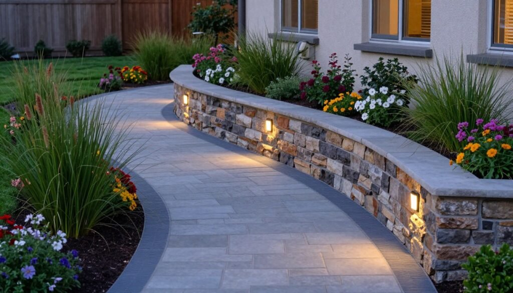 Front yard with beautiful stone walkway and retaining wall