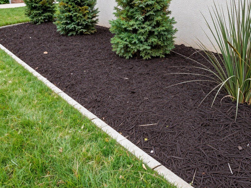 Front yard with clean mulched beds and defined edges between lawn and garden areas