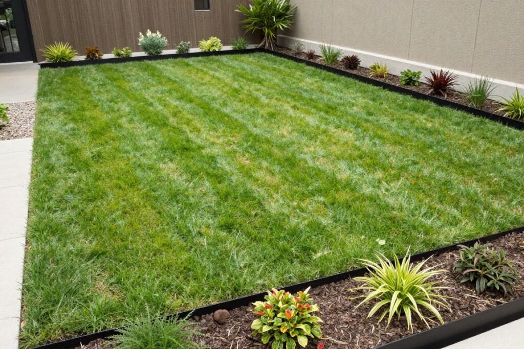 Front yard with clearly defined spaces separated by simple edging