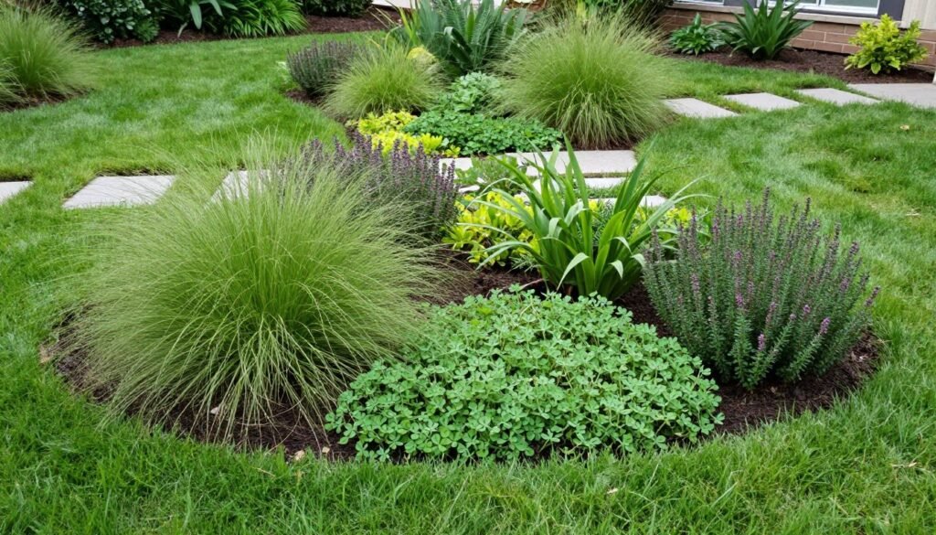 Front yard with diverse groundcover plants instead of traditional lawn