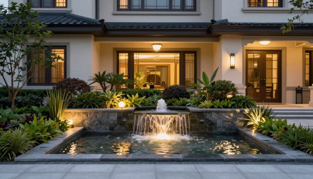 Front yard with elegant water feature, surrounding plants, and landscape lighting