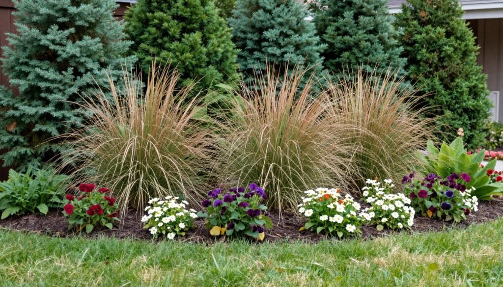 Front yard with evergreen shrubs, ornamental grasses, and perennials providing multi-season interest