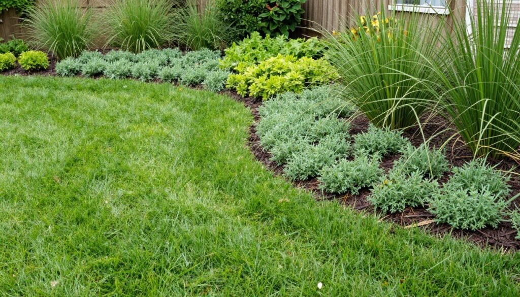 Front yard with ground cover plants and ornamental grasses replacing traditional lawn