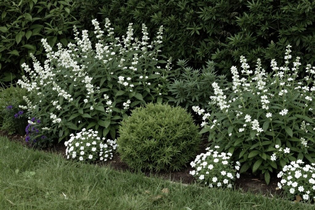 Front yard with limited color palette showing green, white, and purple plants creating a cohesive look