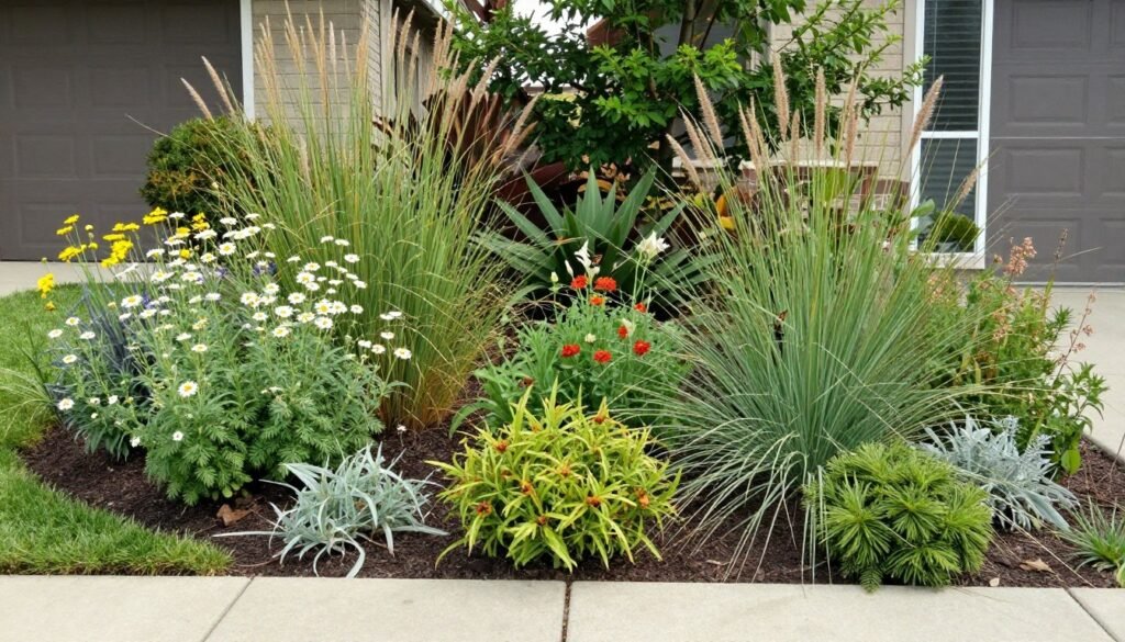Front yard with native plants, pollinator-friendly flowers, and natural landscape design