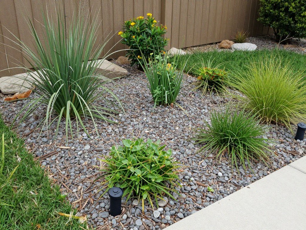 Front yard with river rock mulch, drought-tolerant plants, and automatic irrigation
