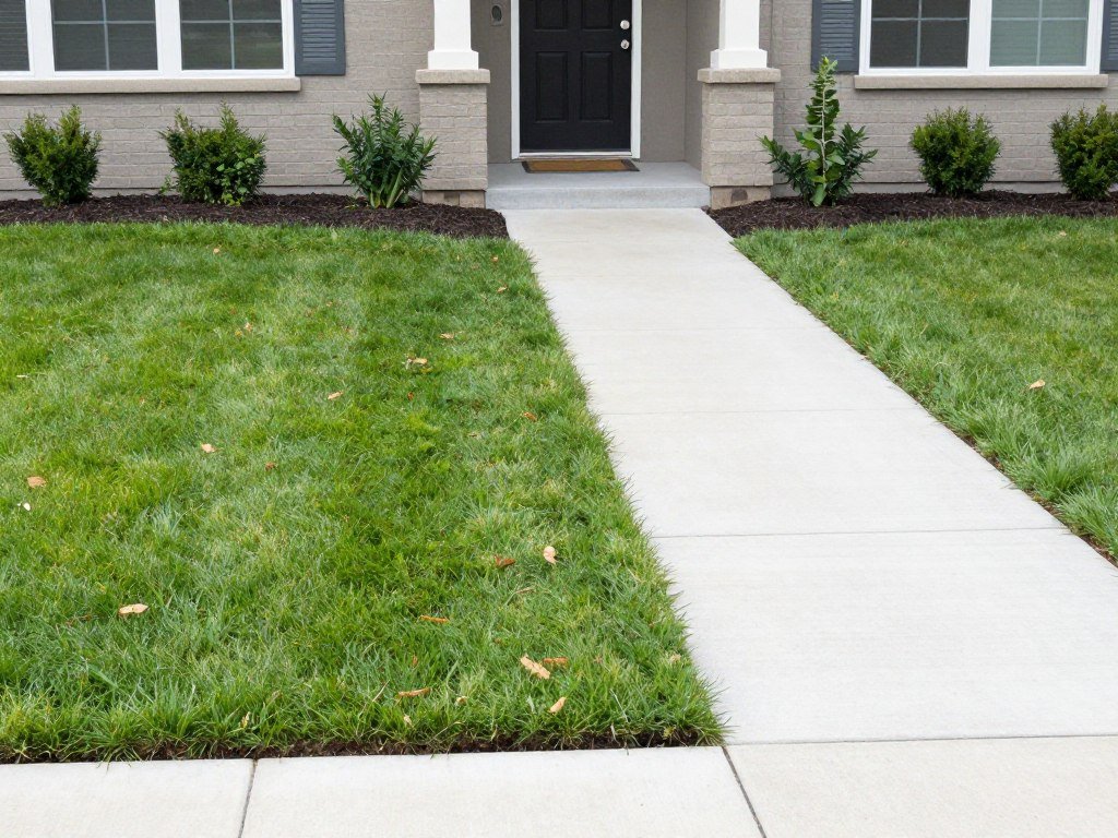 Front yard with simple, clean landscaping featuring defined borders and minimal elements