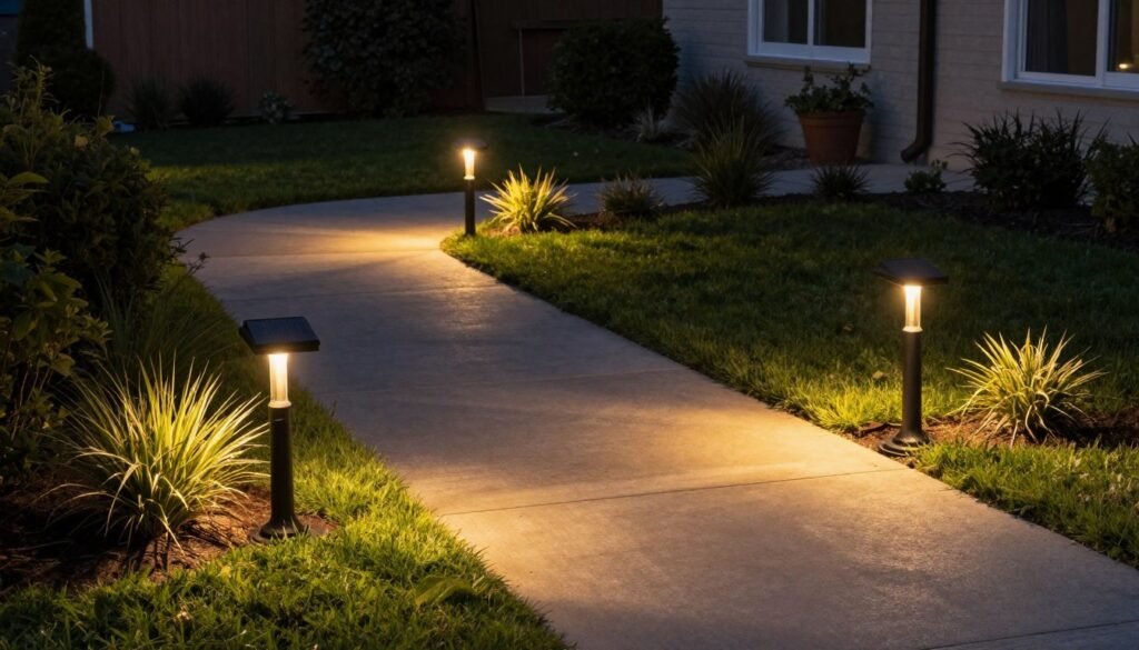 Front yard with simple solar path lights illuminating walkway at dusk