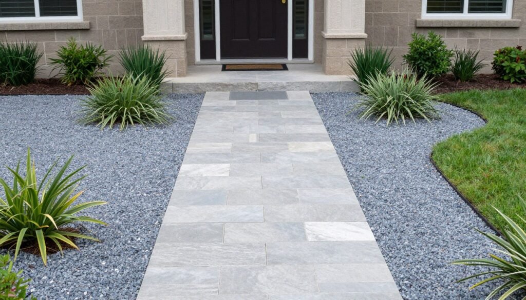 Front yard with simple stone pathway and decorative gravel areas