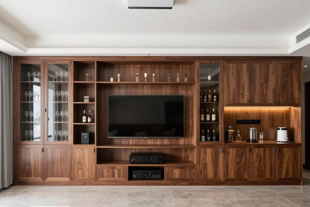 Full wall dining room built ins with entertainment center and bar area