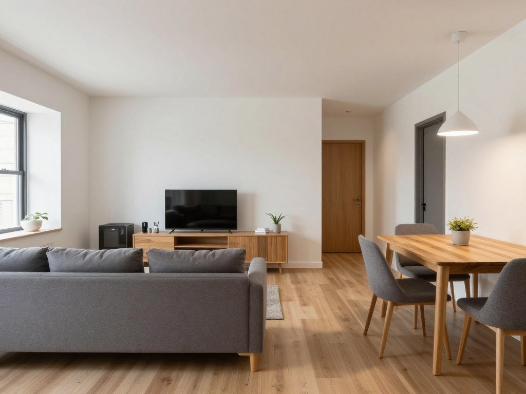 Furniture arrangement creating zones in a small living room with dining area