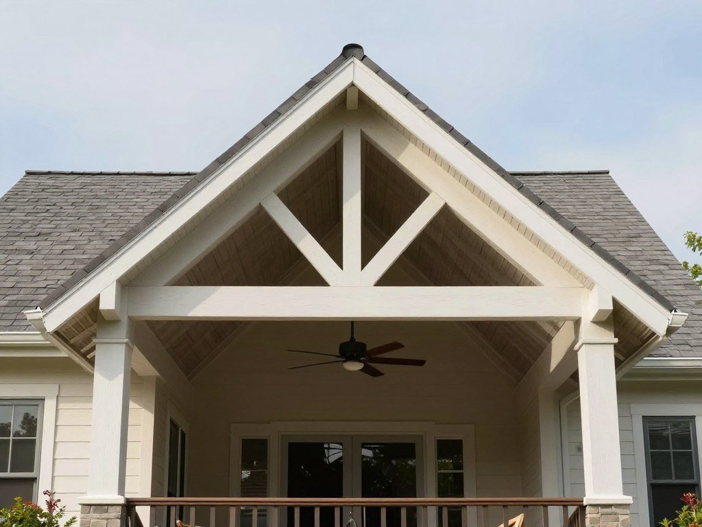 Gable roof covered patio attached to house