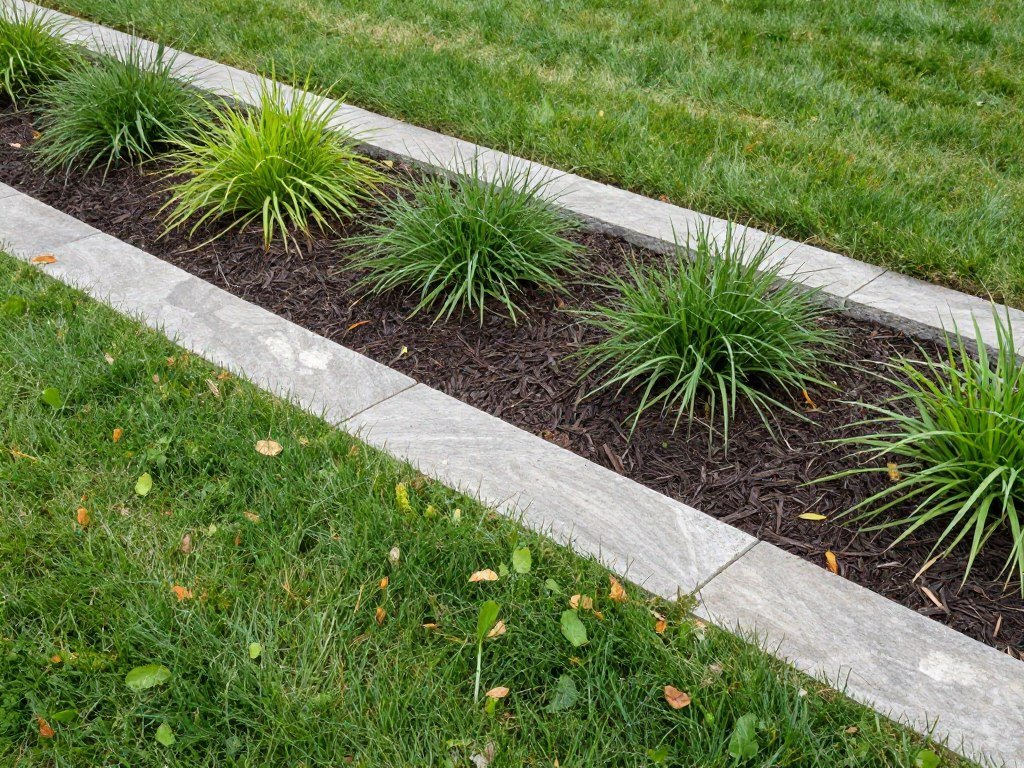 Garden bed with decorative stone edging creating clean lines between lawn and plantings