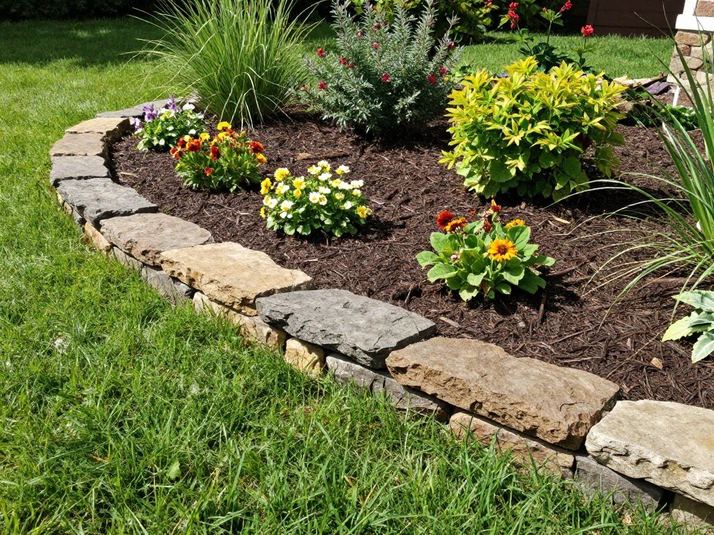 Garden bed with decorative stone edging separating mulched areas from lawn Garden bed with decorative stone edging separating mulched areas from lawn