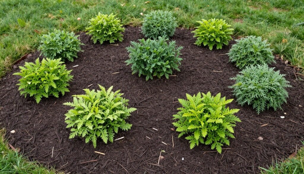 Garden bed with mulch and budget-friendly plants as a cheap landscaping idea