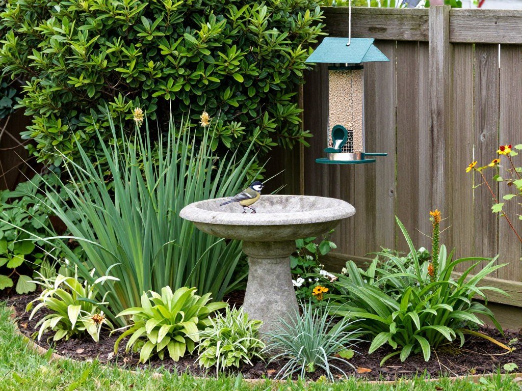 Garden corner designed to attract birds with feeders, birdbath, and native plants that provide food and shelter