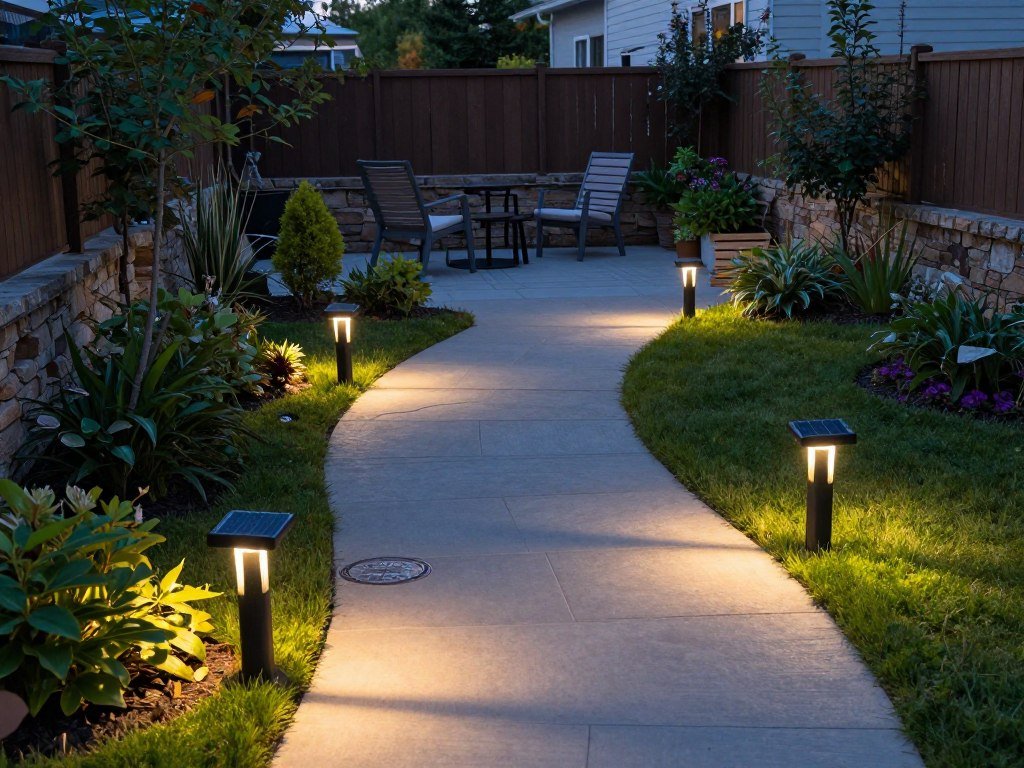 Garden pathway illuminated with solar lights leading to a cozy backyard seating area