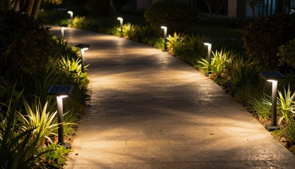 Garden pathway illuminated with solar path lights at night