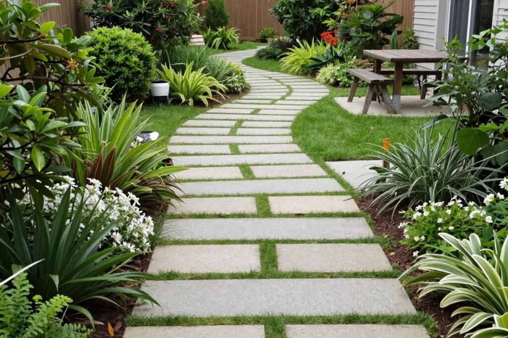 Garden pathway showing flow and circulation in backyard landscaping designs layout