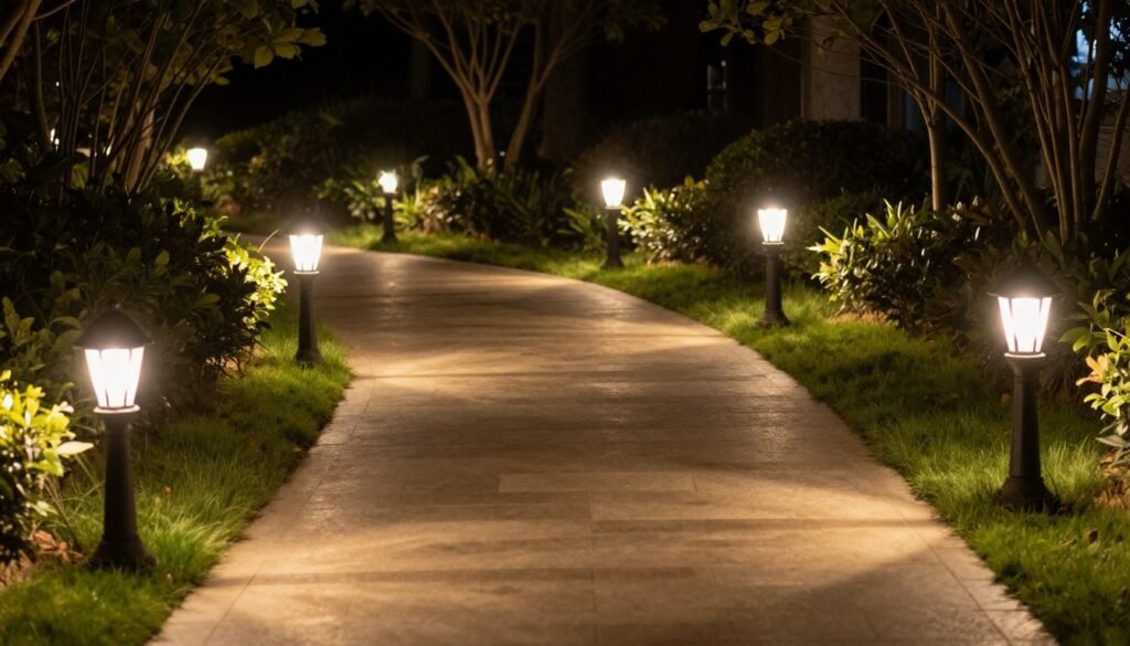 Garden pathway with decorative post lights marking the edges