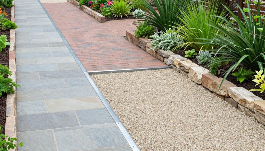 Garden pathway with different edging materials showcasing how they define and enhance the landscape design Garden pathway with different edging materials showcasing how they define and enhance the landscape design