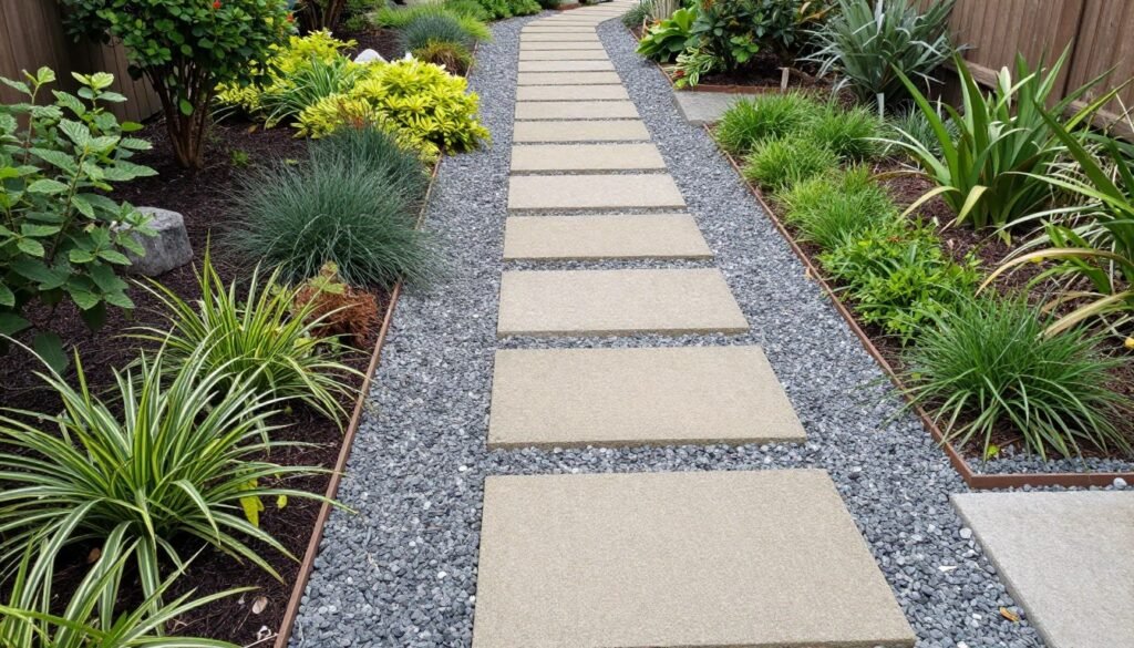Garden pathway with mixed materials including stepping stones, gravel, and ground cover plants