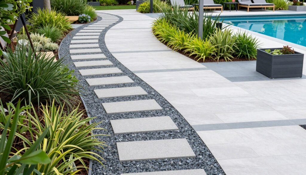 Garden pathways connecting different areas of a pool landscape with various materials and plantings