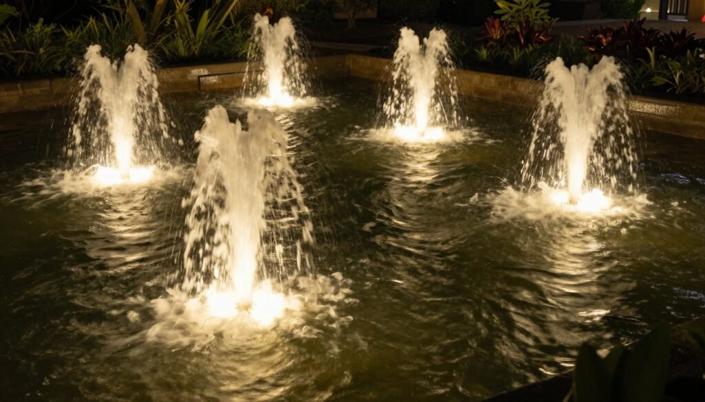 Garden pond with underwater lights illuminating water features at night