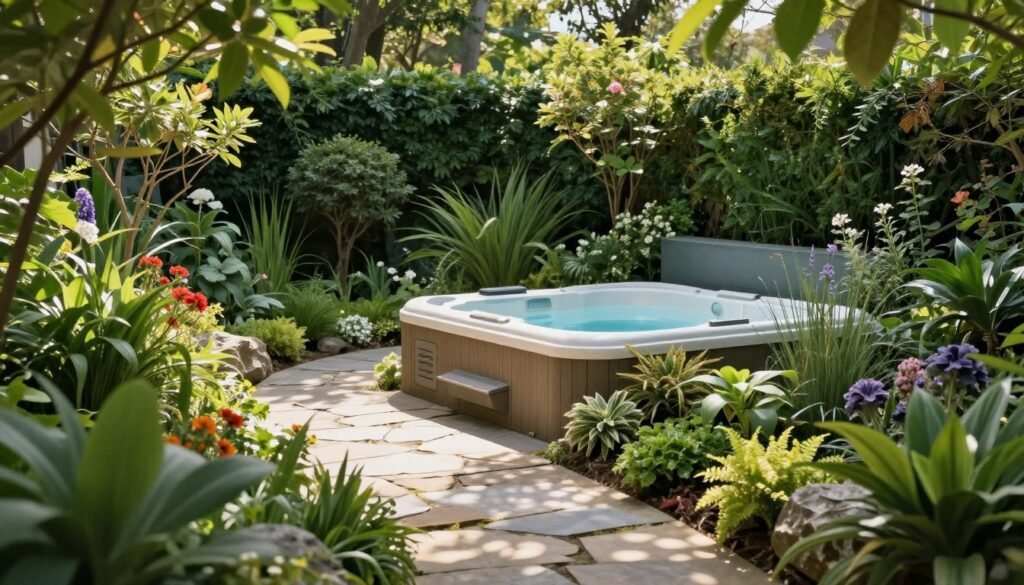 Garden sanctuary hot tub surrounded by lush plants, flowers, and natural stone pathways