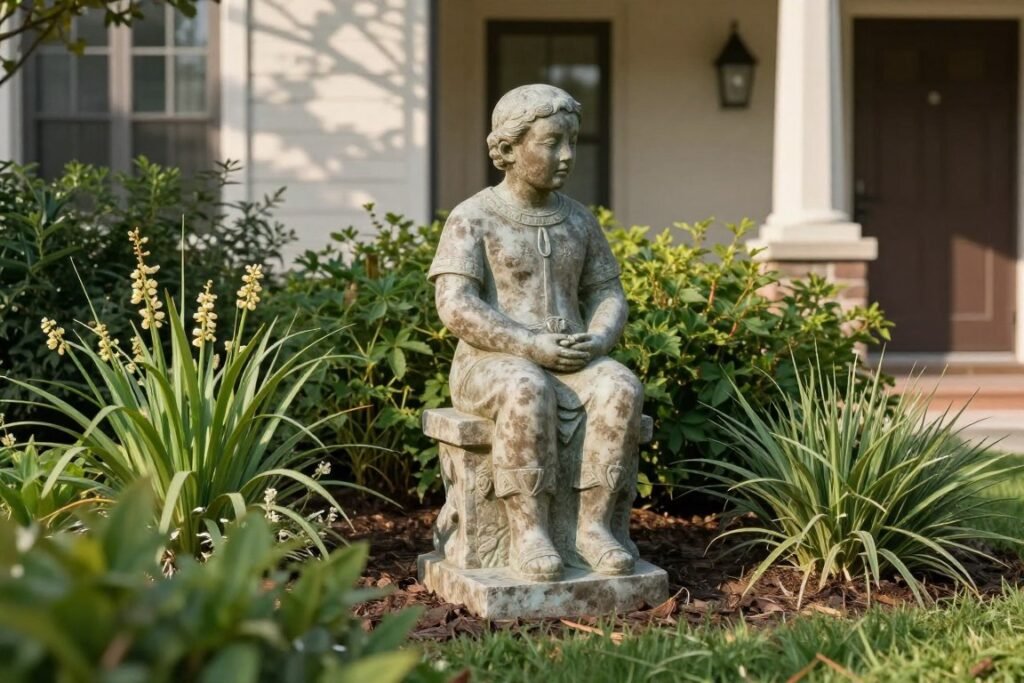 Garden sculpture serving as focal point in front yard landscape Garden sculpture serving as focal point in front yard landscape