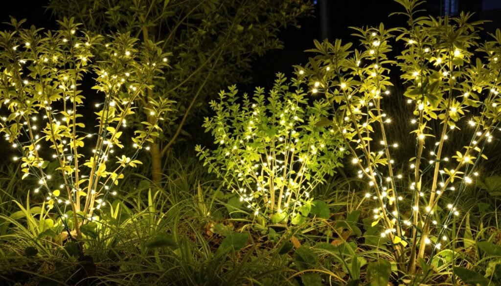 Garden shrubs and small trees wrapped with delicate fairy lights