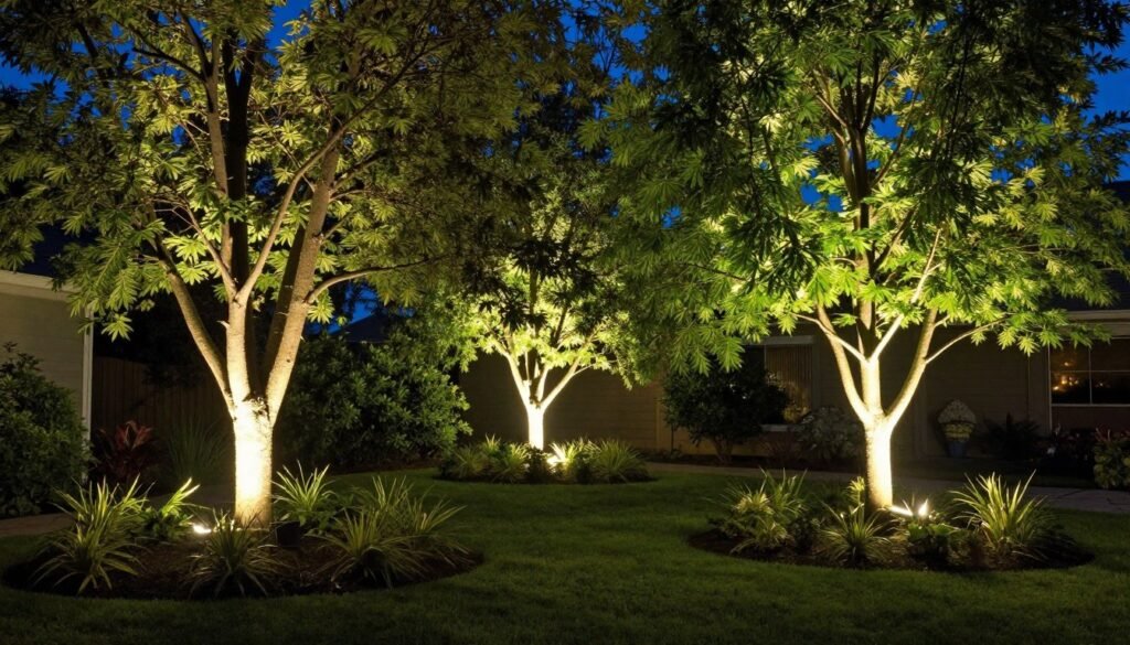 Garden trees illuminated with upward-facing landscape spotlights