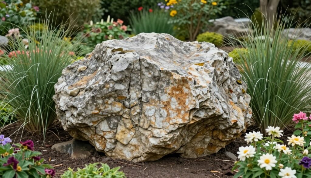 Garden with large boulder focal point surrounded by ornamental grasses Garden with large boulder focal point surrounded by ornamental grasses
