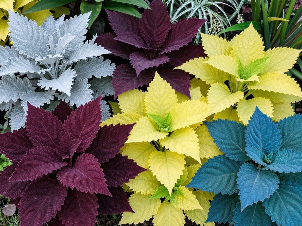 Garden with plants featuring varied foliage colors and textures