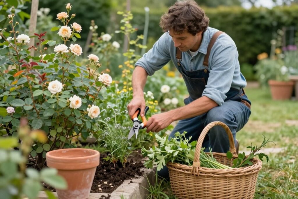 Gardener tending to plants in a French country backyard