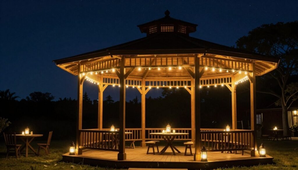 Gazebo illuminated with string lights and lanterns creating a magical evening atmosphere